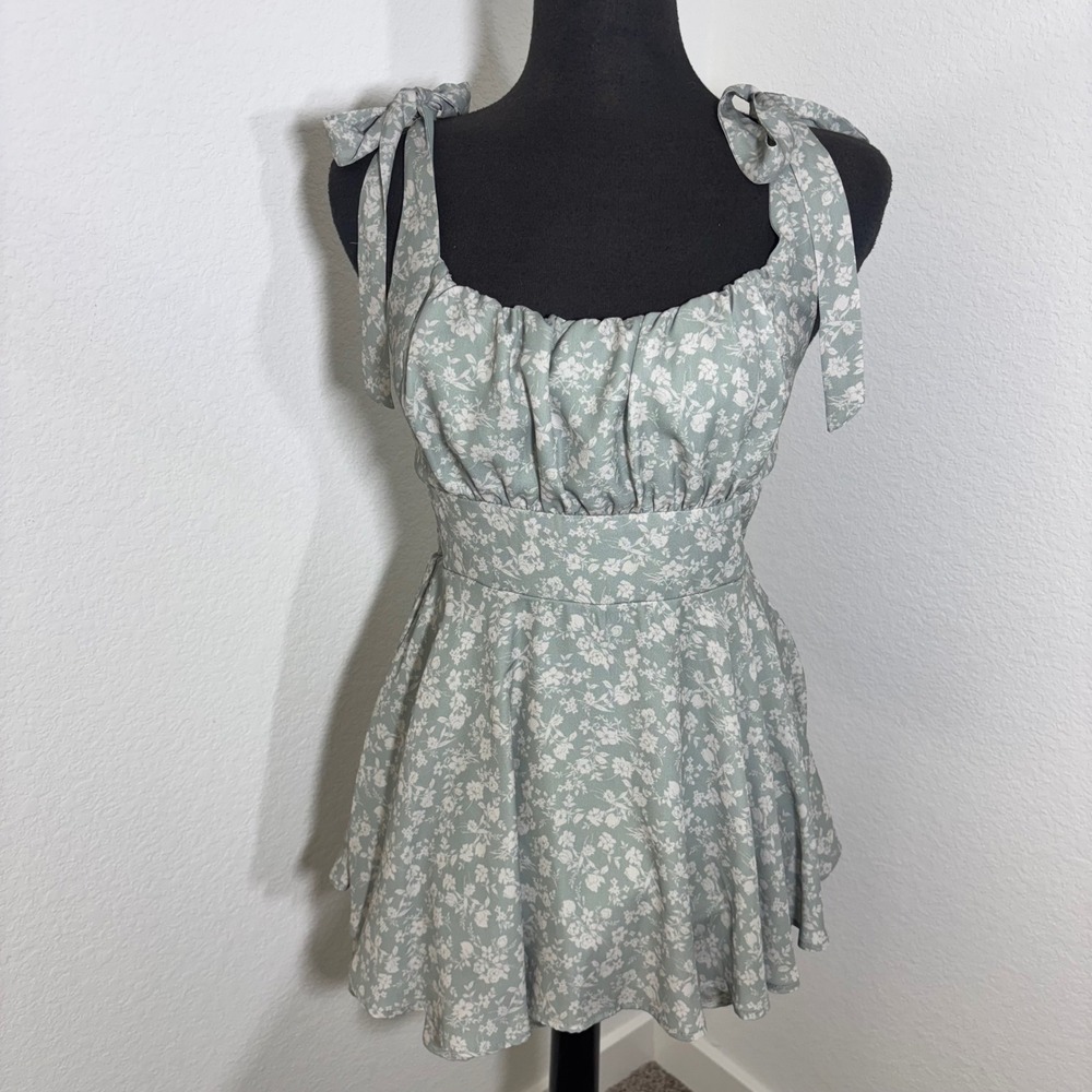 Altar'd State Floral Tie Shoulder Smocked Tiered Romper Sage Green Medium